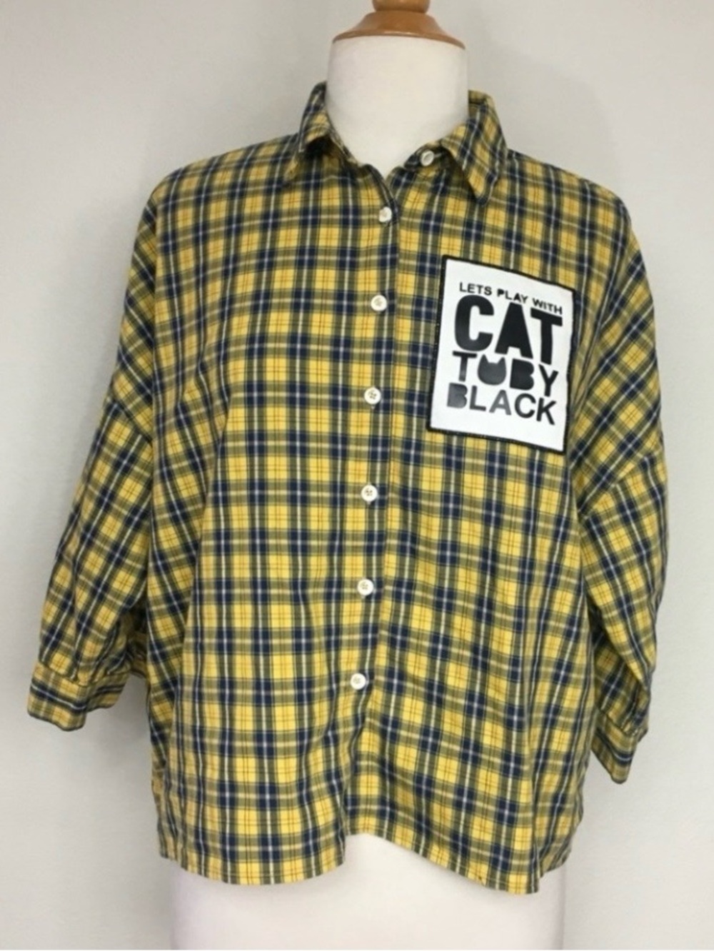 A02 Toby Black Womens Yellow Plaid Oversize Button Shirt Urban Grunge Size M